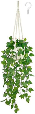 Mkono Fake Hanging Plant, Macrame Hanger with Pothos Vines & Pot, Ivory by Mkono