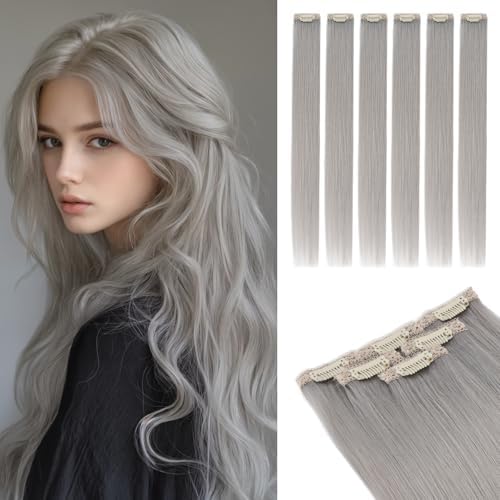 Rich Choices Real Human Hair Clip In Extensions-6 Pcs Single Clip Design-Invisible Clip in Extensions for Thin Hair-Hairpieces for Women/Men-18 Inches Grey-Halloween Hairs Decorations by RichChoices
