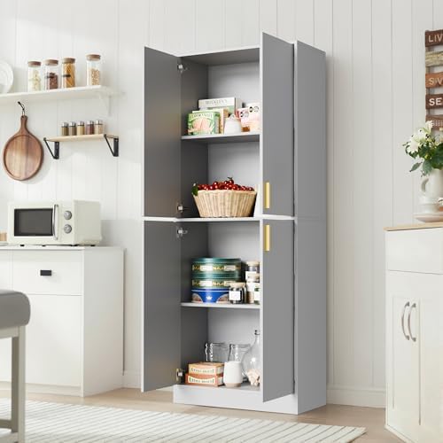 Cozy Castle Kitchen Pantry Cabinet, 71" Tall Wood Storage Cabinet with Doors and Shelves 4 Doors Freestanding Cupboard for Dining Room Living Room Furniture, Gray - Image 3