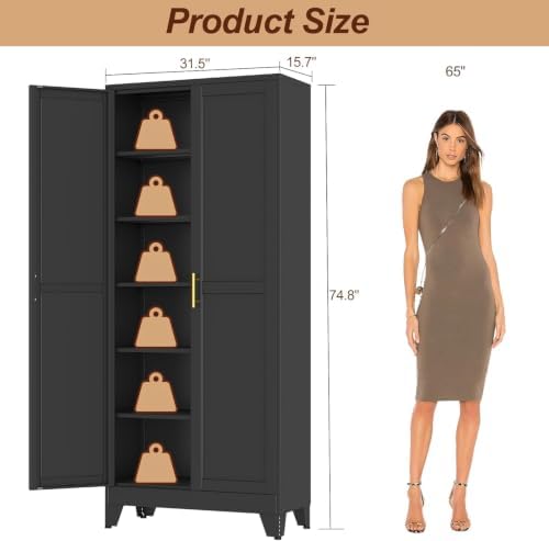 75" Black Metal Storage Cabinet with 2 Doors and 5 Adjustable Shelves,Steel Garage Tool Cabinet, File Cabinet,Kitchen Pantry Cabinet for Home,Office,Garage,School,Warehouse - Image 3