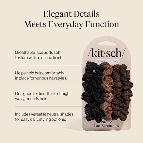 Kitsch Ruched Lace Scrunchies For Women - Black, Chocolate & Mocha, 5pc Set - Image 4