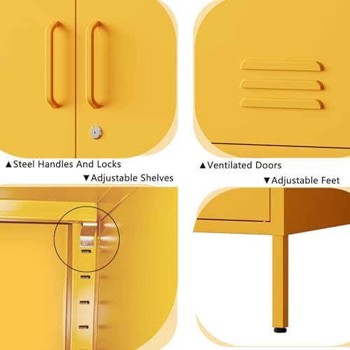 47.5" Wide Yellow Metal Storage Cabinet with Lock and Ventilated Doors, 2 Adjustable Shelves, Heavy Duty Home Metal Accent Locker for Kitchen Office Living Room Hallway - Image 5