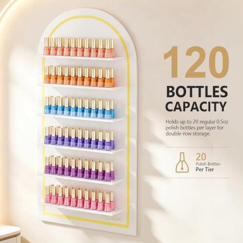 OmySalon 6-Tier Nail Polish Display, Arched Wall Rack,White Shelf Organizer - Image 4