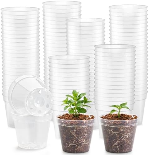BTPLASTIK 200 Pack 2.5 Inch Clear Nursery Pots with Drainage Hole, Transparent Seed Starter Pots, Sturdy Plastic Plant Pot for Planting Seedlings Vegetables Herbs, Gardening Gifts by BTPLASTIK