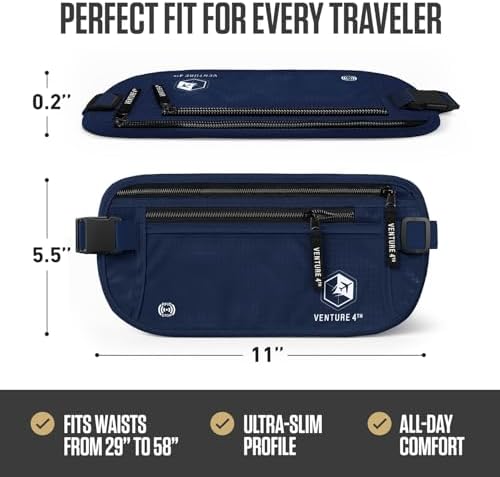 VENTURE 4TH Travel Money Belt, RFID Blocking Passport Holder - Navy Blue - Image 3