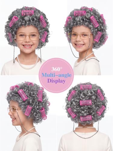 URATOT 5 Pieces Halloween Old Lady Wig Costume Set Grandma Wig Hair Rollers Glasses Chain Necklace Bracelet - Image 2