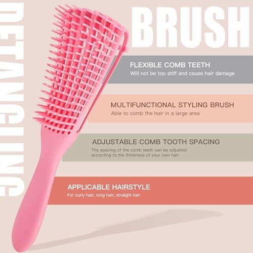 5 Pcs Detangling Brush Set - Cushion Nylon Bristles, Dual Edge, Teasing, and Styling Comb (Pink) - Image 2