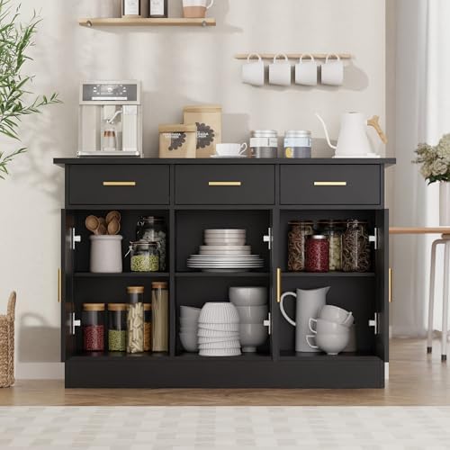 Buffet Cabinet with Storage - Buffets & Sideboards Kitchen Storage Cabinet, Wood Console Table Coffee Bar Accent Cabinets for Living Room Dining Room Entryway Large 3 Doors & Drawers, Black 47.2"W - Image 6