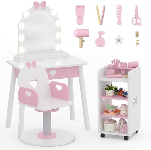 Wooden Kids Vanity Table and Chair Set with Light and Mirror, Princess Makeup Vanity Desk with Barber Chair and Rolling Cart, Pretend Hair Salon Play Set, Toddler Vanity Set for Girls, White - Image 2