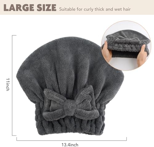 SUNLAND Large Microfiber Hair Drying Caps with Bow Knot 2 Pack Grey - Image 5