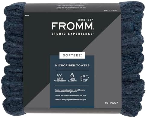 Fromm Softees Microfiber Salon Hair Towels for Hairstylists, Barbers, Spa, Gym in Navy, 16" by 29", 10 count Perfect Hair Care Towel for Drying Curly, Long, Wavy Hair by Fromm