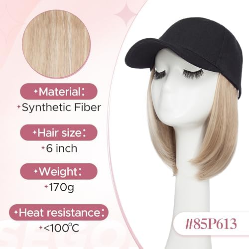 SEGO Baseball Cap with Hair Extensions for Women Heat Resistant Synthetic 6" Adjustable Short Straight Hairpiece Replacement Wigs in Black Hat for Girls 85P613 Light Blonde Mix Bleach Blonde - Image 5