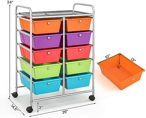 Giantex 10 Drawers Rolling Cart, Classroom Organizers, Storage Cart with Wheels, for Teacher Office Home School Supplies Tool Craft Art Paper, Rainbow Color - Image 3