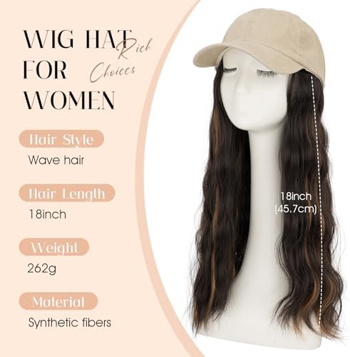 Rich Choices Hat Wigs for Women,Khaki Baseball Cap with Hair Extensions for Women,Caps with Wavy Curly Long Hair Attached Adjustable Baseball Cap Wig 18 Inch Highlighted Dark Brown Hair - Image 2