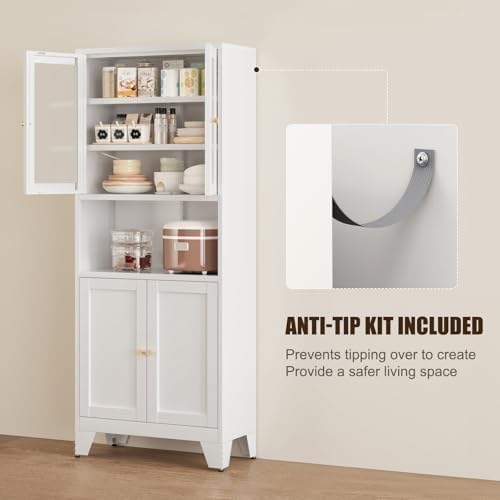 Bevivog 69" Pantry Cabinet,Tall Metal Storage Cabinet with 2 Glass Doors, Freestanding Display Cupboard Tall Bathroom Linen Cabinets with 5 Shelves Storage for Living Room Kitchen Pantry - Image 4