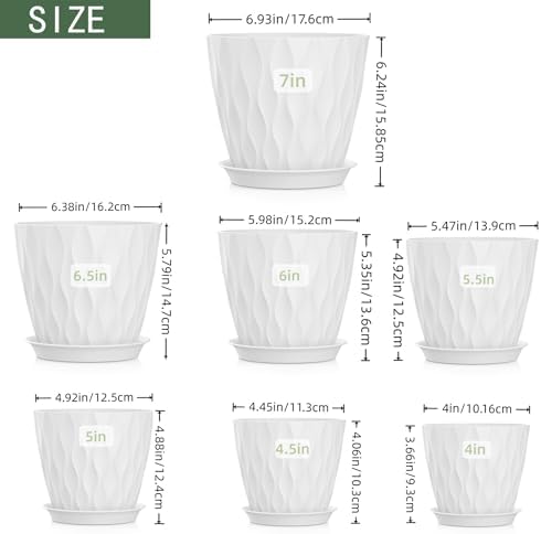 4/4.5/5/5.5/6/6.5/7 Inch Plant Pots,7 Pack Flower Pots with Drainage Holes and Trays,Plastic Planters for Indoor Outdoor Plants Growth,White - Image 2