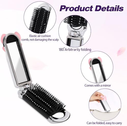 Folding Hair Brush with Mirror, Portable Compact Comb for Women - Image 3