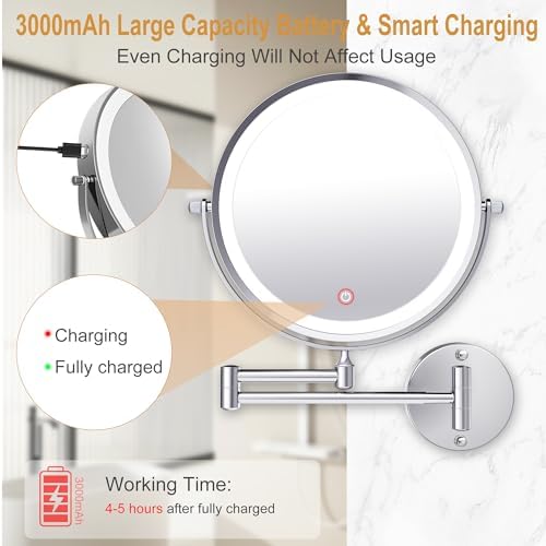 9 Inch Large Rechargeable Lighted Makeup Vanity Mirror Wall Mounted, 1X/10X Magnifying Mirror with Light for Bathroom 3000mAh USB Charging, Chrome Wall Mounted Mirror Swing Arm with 3 Light for Makeup - Image 4