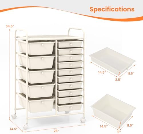 Giantex 15 Drawers Rolling Cart, Classroom Organizers, Storage Cart with Wheels, for Teacher Office Home School Supplies Tool Craft Art Paper - Image 3
