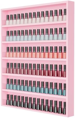 OmySalon Nail Polish Organizer Wall Mount - Holds 200 Bottles with Acrylic Barrier, Salon Display Rack for Home Spa & Nail Studio - Assembly Required, Wooden Polish Storage (Pink, 6-Tier) by OmySalon