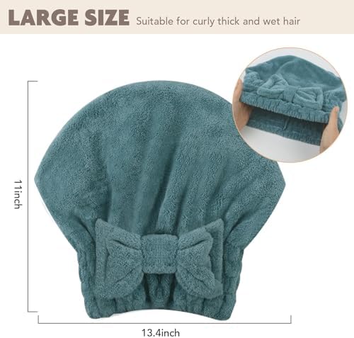 SUNLAND Large Microfiber Hair Drying Caps with Bow Knot 2 Pack Green - Image 2