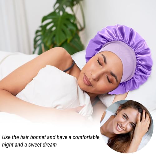 4Pcs Silk Hair Bonnets for Sleeping - Elastic Wide Band Satin Hair Wrap for Sleeping Black Women Men,Silk Bonnets for Curly Hair,Sleep Cap (Purple & Pink & Sapphire Blue & Black) - Image 6