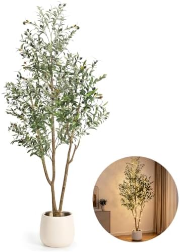 7FT Artificial Olive Tree with Lights & Planter, Tall Faux Olive Plant by Unknown