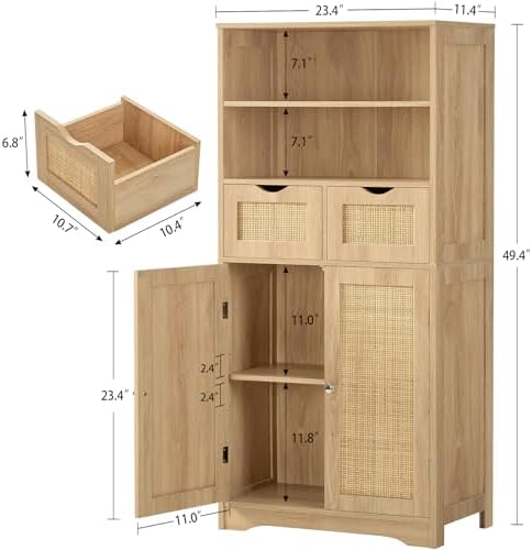 Iwell Tall Storage Cabinet, Rattan Cabinet with 2 Drawers & Adjustable Shelf, Kitchen Pantry Storage Cabient, Entryway Cabinet for Living Room, Dining Room, Home Office, Natural - Image 3