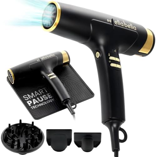 ELLA BELLA® Professional Hair Dryer with Smart Mat - Auto-Pause Ionic Blow Dryer for Fast Drying & Frizz Control - 1600W, Diffuser, 4 Heat/Speed Levels by ellabella