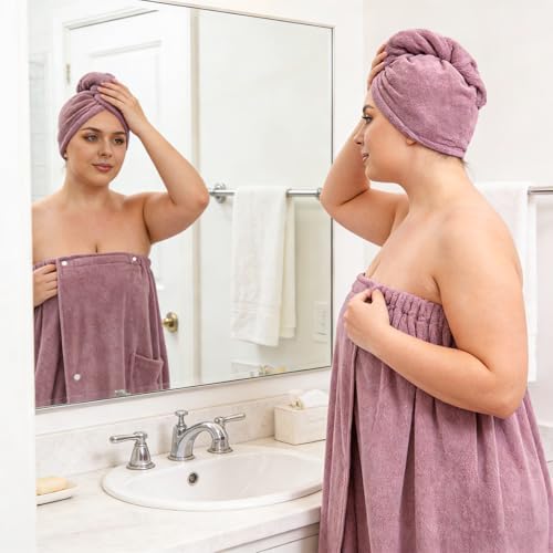 Plus Size Towel Wrap with Hair Towel for Women (2XL-4XL), Adjustable Wearable Shower Body Wrap, Comfortable Oversized Spa Bathrobe Set with Hair Drying Towel Purple - Image 6