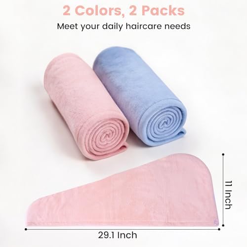 2 Pack Microfiber Hair Towel Wrap for Women, Large Fast Drying Hair Towel Turban, Ultra Soft Thick Anti-Frizz, Double Stitched Edges & Stay in Place No Slip Design for Curly Long Wet Hair(Pink/Blue) - Image 4