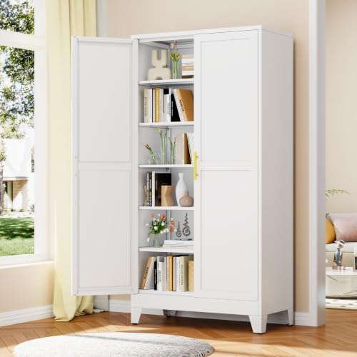 79" White Metal Storage Cabinet with 2 Doors and 5 Adjustable Shelves,Steel Garage Tool Cabinet, File Cabinet,Kitchen Pantry Cabinet for Home,Office,Garage,School,Warehouse - Image 2