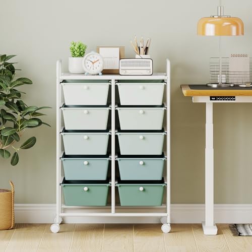 Giantex 10 Drawers Rolling Cart, Classroom Organizers, Storage Cart with Wheels, for Teacher Office Home School Supplies Tool Craft Art Paper, Green Gradient - Image 2