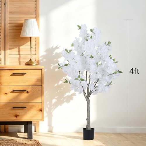 Artificial Cherry Blossom Tree Fake Plants Faux White Sakura Flowers, 4FT - Image 6
