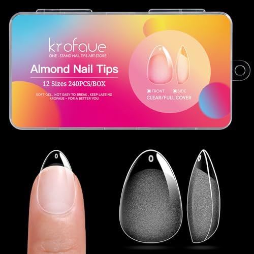 krofaue Almond Nail Tips 240pcs - Half Matte Short Press On Nails, 12 Sizes Pre-Shaped Extra Short Clear Tips for Full Cover Nail Extensions DIY by krofaue