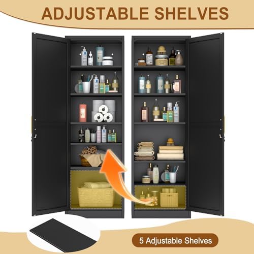 Tall Metal Narrow Bathroom Storage Locker Cabinet 67" H, Black Kitchen Pantry Cabinets,File Cabinet Organizer with 5 Adjustable Shelves and Lockable Doors for Kitchen Home Office Living Dining Room - Image 5