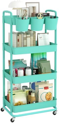 JIUYOTREE 4-Tier Plastic Rolling Storage Cart Utility Cart with Extra Hanging Cups Handles Lockable Wheels for Living Room Bathroom Kitchen Office Green by JIUYOTREE