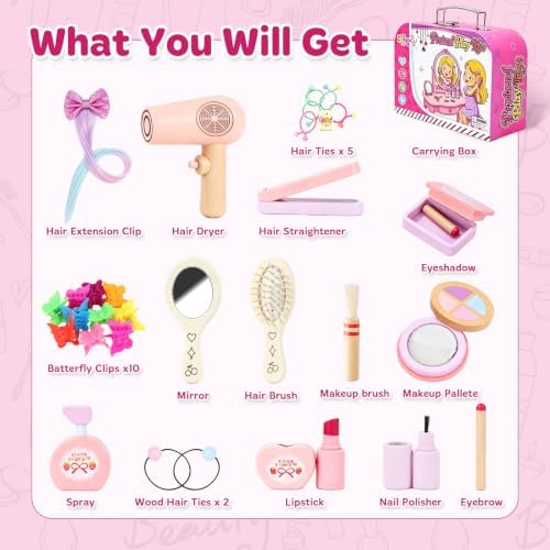 Wooden Makeup Toy Set for Toddlers 3-5, Pretend Play with Storage Case - Image 7