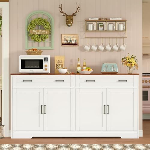 usikey 55" Buffet Cabinet with Storage and Drawers, Large Sideboard Buffet Cabinet with Adjustable Shelves and Doors, Modern Coffee Bar for Kitchen, Living Room, White - Image 2