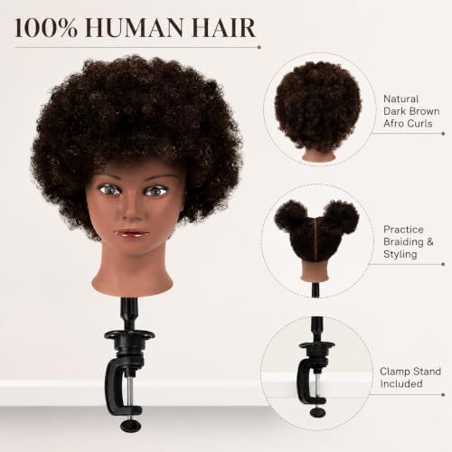 Afro Curly Mannequin Head with 100% Human Hair Curly Hair Hairdresser Hair Styling Cosmetology Manikin Head Doll head for Hairdresser Practice Styling Dye Braiding with Clamp Stand - Image 2