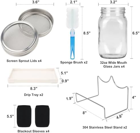 Lulonpon Sprouting Kit, 4 Sprouting Jar Kits, Wide Mouth Quart Mason Jars with Stainless Steel Screen Sprout Lids,1000ml Sprouts Growing Kit, Seed Sprouter Set for Growing Broccoli, Bean, Alfalfa ﻿ - Image 3