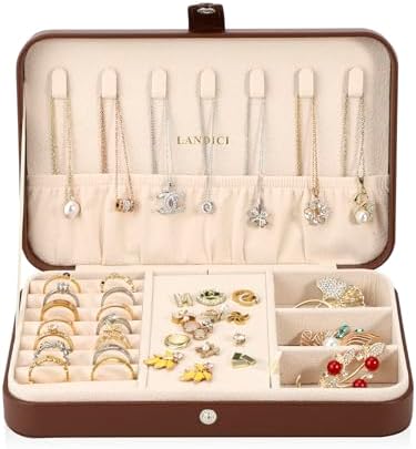 LANDICI Small Jewelry Box for Women Girls, PU Leather Travel Jewelry Case, Portable Jewelry Organizer Storage Holder Display for Ring Earrings Necklace Bracelet Bangle Men Kids Gift, Coffee - Image 2