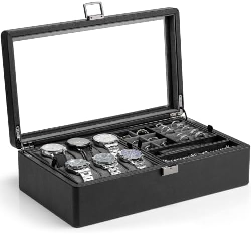 VLANDO 6-Slot Watch Box for Men, Lockable 2-Layer Organizer with Glass Lid, Textured Leather Case for Watches, Rings, Bracelets and Glasses, Gift for Husband or Dad by VLANDO