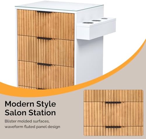 OmySalon Salon Station, Barber Station for Hair Stylist, Storage Cabinet with Glass Top & Drawers & Heat Resistant Dryer Holders, Modern Retro Style for Beauty Salon, Wood White - Image 5