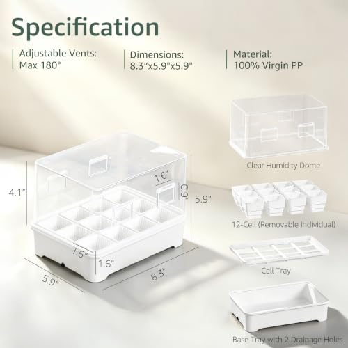 Seed Starter Tray Kit with Adjustable-Vent Humidity Dome & Air‑Pruning Cells, Reusable Plant Germination Trays with Superior Air & Drainage, Removable Cells for Flexible Transplanting, 12‑Cell - Image 2