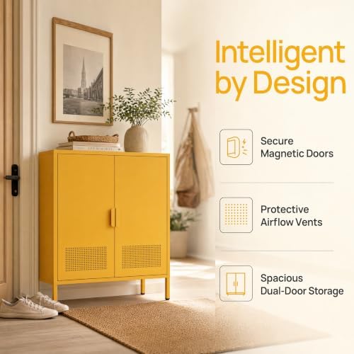 Yellow 2 Door Metal Storage Cabinet, Ventilated Accent Locker with 2 Adjustable Shelves, Freestanding 3 Tier Storage Sideboard Cabinet for Living Room Kitchen Bedroom Entryway Office - Image 3