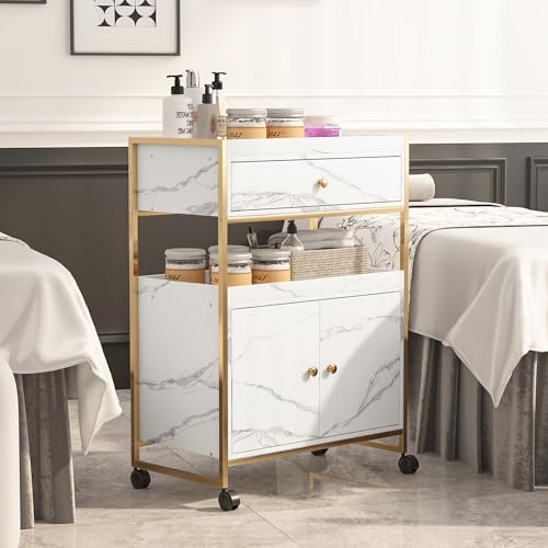 Salon Rolling Trolley with Lockable Wheels Barber Cart with Storage Drawer Mobile Hair Station Cabinet for Beauty Makeup Esthetician Spa Massage (White Marble+one Drawer+one Cabinet) - Image 2