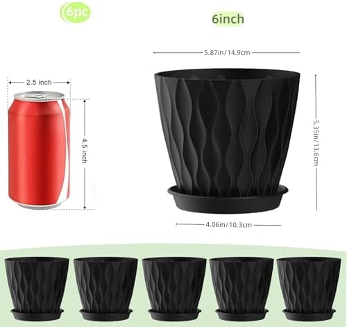 6 Inch Plant Pots, 6 Pack Indoor Flower Pots, Planters with Drainage Holes and Trays for Orchids, Violets, Succulents, Herbs, and Other Plants, Black - Image 2