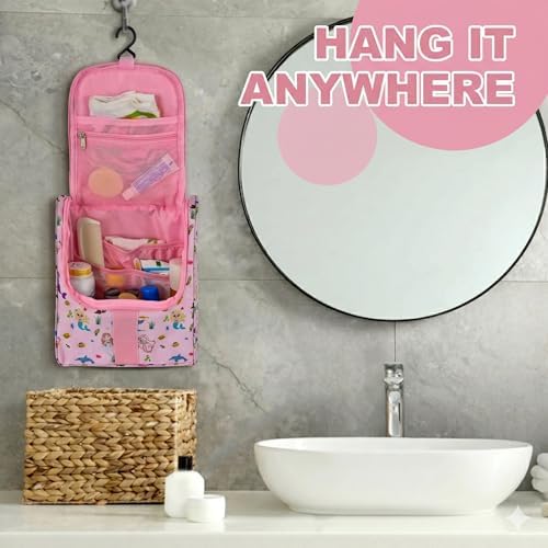 Remobia Hicol Cute Cartoon Hanging Kids Toiletry Bag Children Travel Cosmetic Makeup Organizer Wash Bag Shower bag Over Night Bag Camping Shaving Kit Bag for Boys & Girls (Mermaid Pink) - Image 5