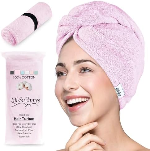 Lili&James 100% Cotton Hair Towel Wrap for Women & Kids – 420 GSM Quick Dry Hair Turban with Double Button Loop, Anti Frizz Non Microfiber Hair Drying Towel for Curly, Long & Thick Hair (Lilac) by LiliJames